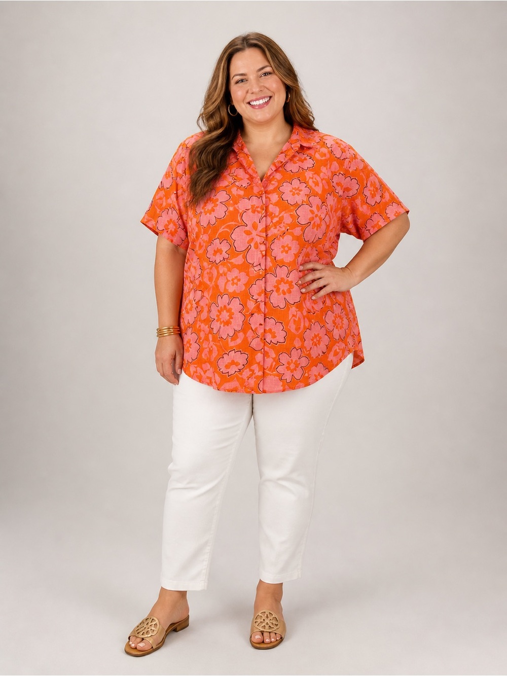 Faithfull the Brand Orange and Pink Floral Button-Down Shirt
